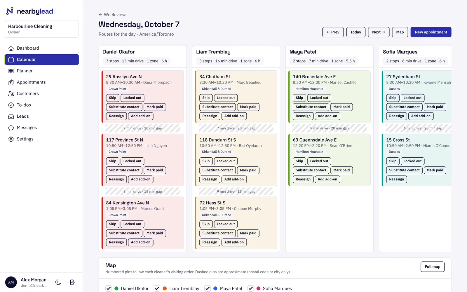 Everyone's routes, side by side. The day view lays every person's stops out in visiting order with drive times between them.