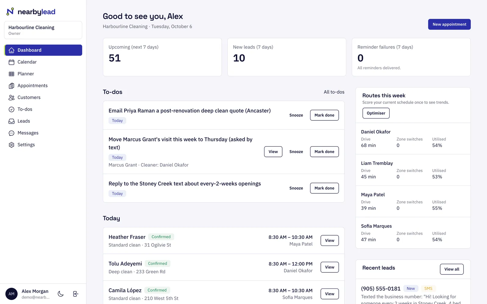 Leads: Website quote forms and phone enquiries land in the same inbox, labelled by source and filtered by status: new, contacted, booked or closed.
