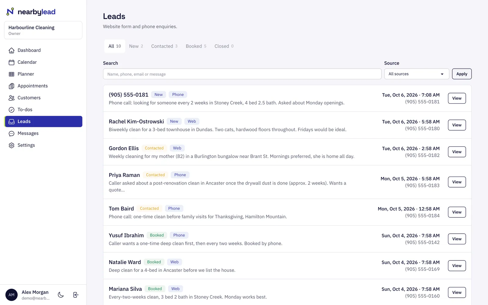 Leads inbox listing recent quote requests with source badges (web, phone) and status (new, contacted, booked).