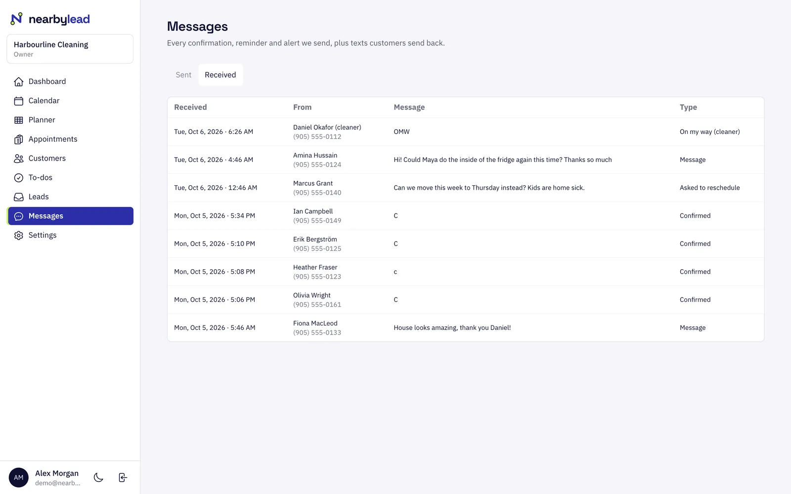 Replies that do something. Customers can reply C to confirm, SKIP to skip their next visit, UNDO within two hours, or RESUME to restart.
