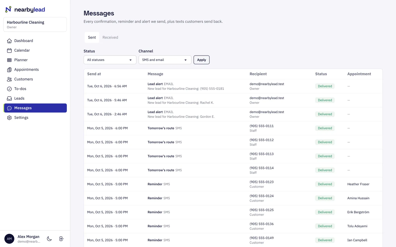 Messages log showing lead alerts to the owner, evening route texts to cleaners and day-before reminders to customers, all delivered.