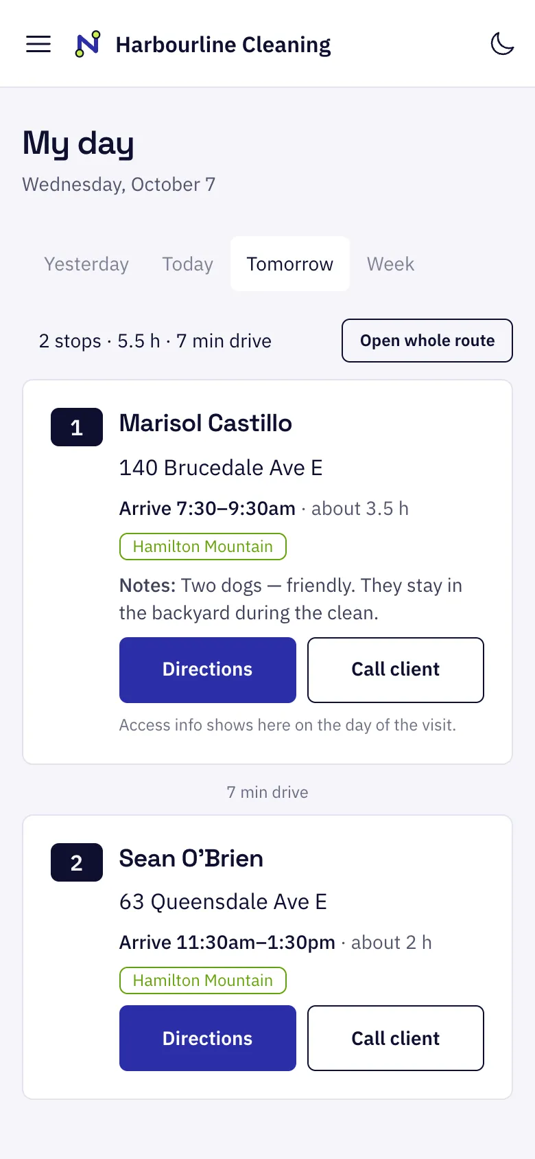 The My day phone screen: a cleaner's stops in order with arrival windows, notes, and Directions and Call client buttons.
