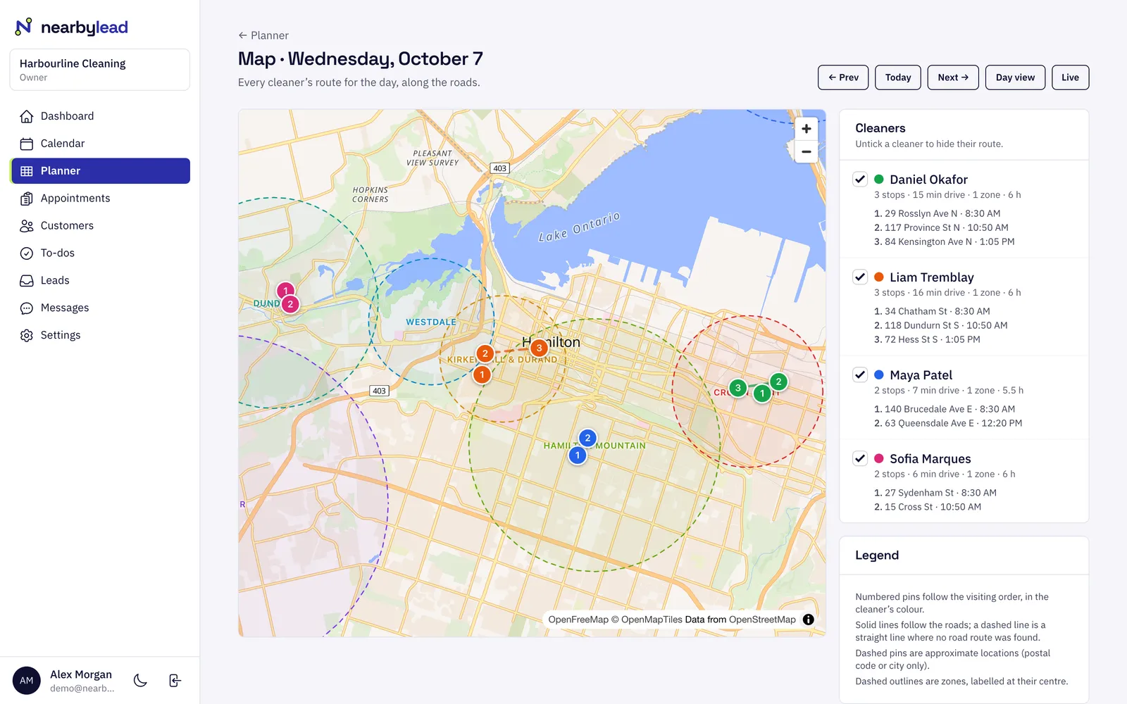 Map of Hamilton with each cleaner's numbered stops, road routes between them and dashed service zones.