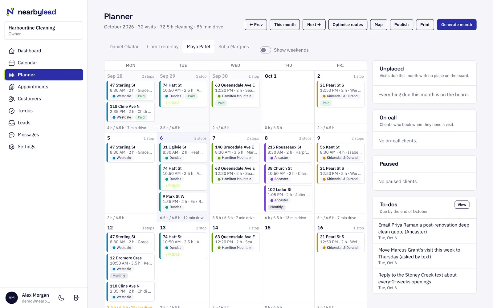 Month planner for one cleaner: each weekday's visits with times, durations and the area they're in.