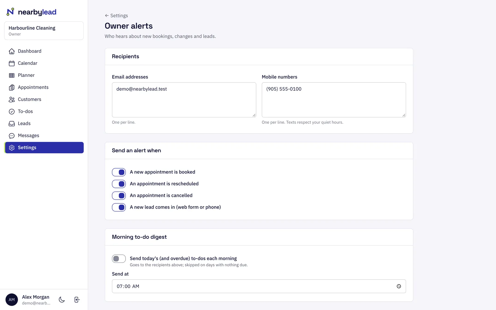 Alerts the moment a lead arrives. New leads, from the web form or the phone, are emailed and texted to you and anyone else you add, with the name, number and what they asked for, so you can call back while they're still choosing.