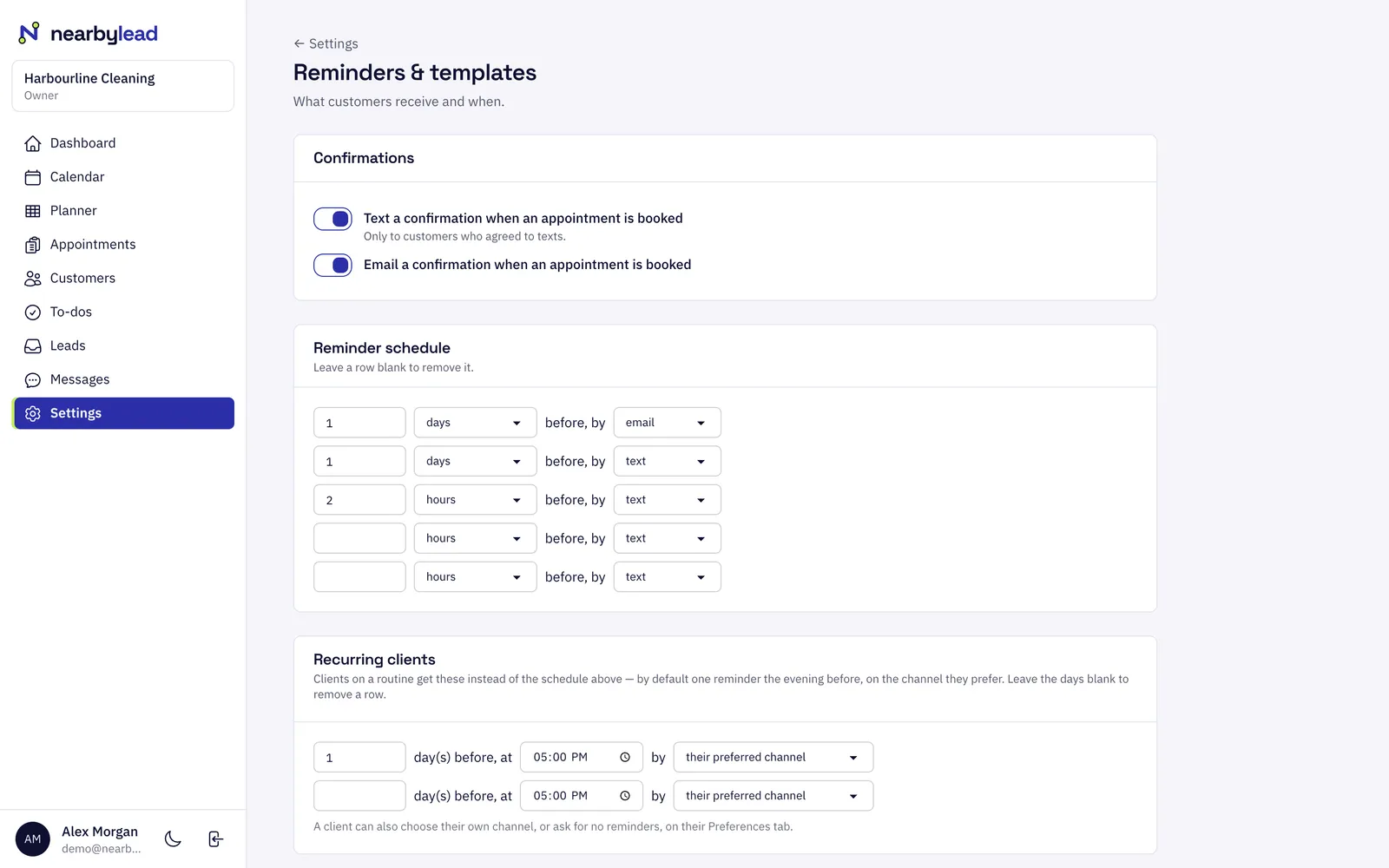 Confirmations and reminders on your schedule. Choose when reminders go out, such as a day before by email and two hours before by text.