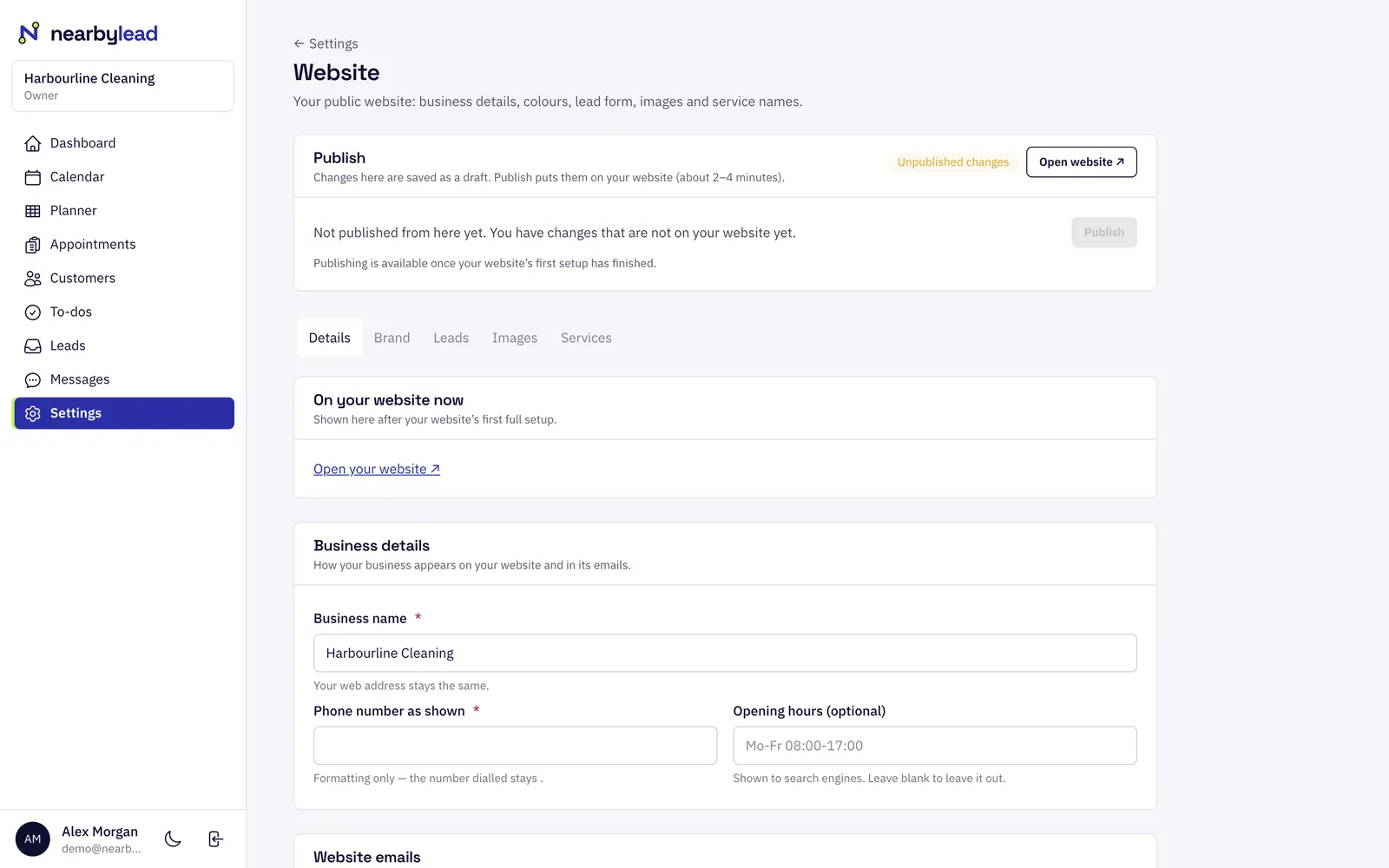 Edit it yourself, publish when you're ready. Change your business details, colours, photos and service names from Settings → Website.