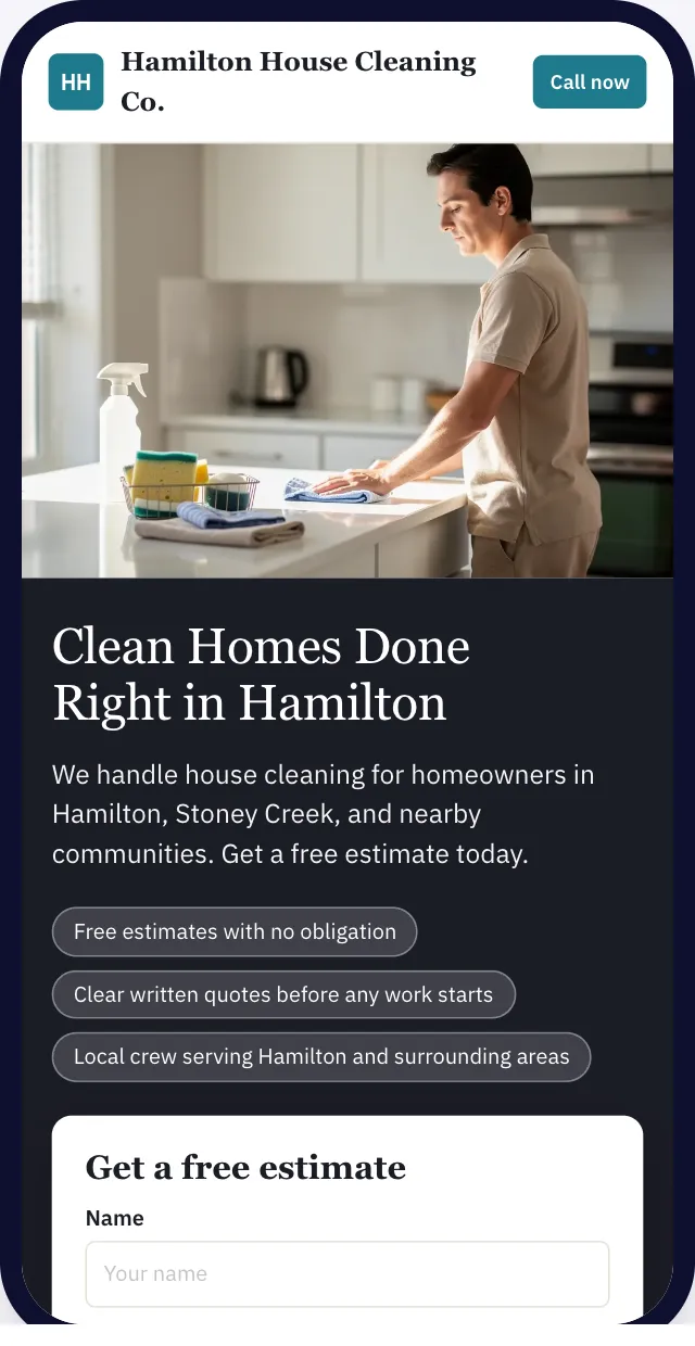 Pages for every service and every nearby area. Your site gets a page for each service you offer and each town or neighbourhood you cover, written for that place.