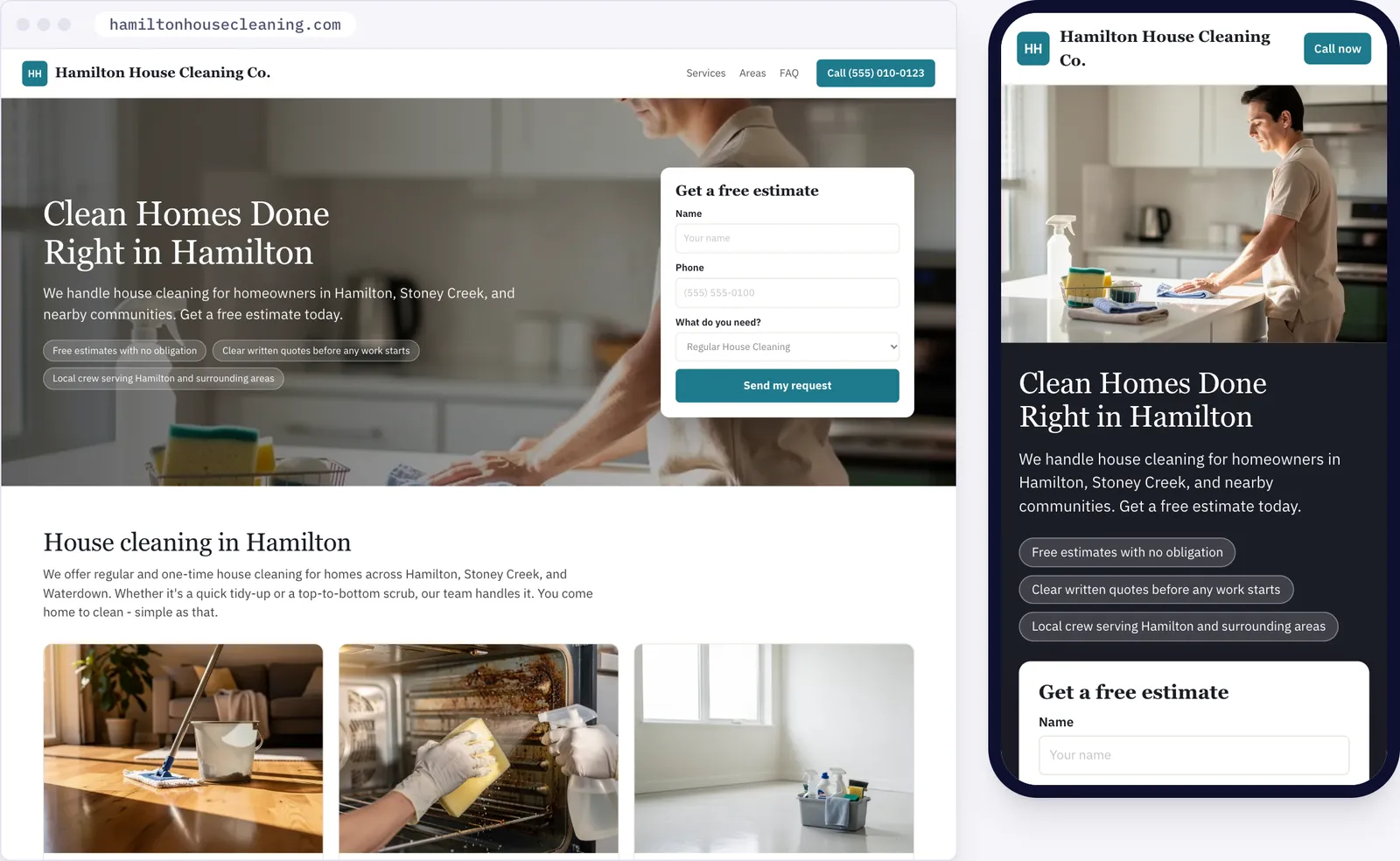 Launch your site: Your site gets a page for each service you offer and each town or neighbourhood you cover, written for that place.