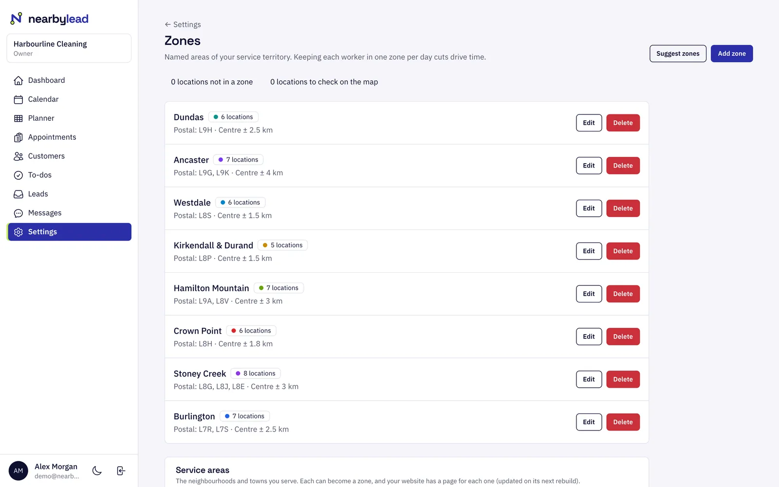 One area per day. Your service area is split into zones by postal code.
